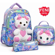 Çantaland Kız Çocuk Ilkokul Çantası 3’lü Set Peluş Detaylı Sırt Çantası Beslenme Çantası Kalemlik