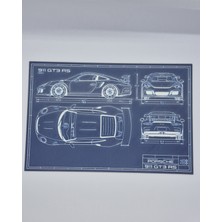 Lootbox Porsche 911 Gt3 Rs 3D Yazıcı Yapımı Blueprint Duvar Tablosu - 25X16 cm Otomobil Dekorasyon