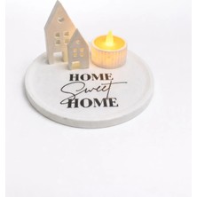 3Dikili Design Home Sweet Home Yazılı Dekoratif Set 4 Parça Tabak, Ev Figürleri ve Mumluk Takımı