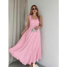 Qimya Butik Buketli Kadın Belisabit Kuşaklı Kare Yaka Kalın Askılı Uzun Elbise