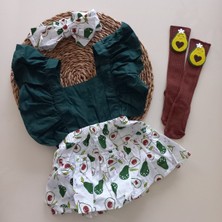 Mars Baby Kız Bebek Yeşil Avakado Desenli Salopet Bandana ve Kahverengi Figürlü Çorap Set