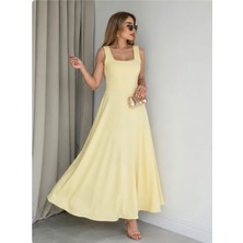 Qimya Butik Buketli Kadın Belisabit Kuşaklı Kare Yaka Kalın Askılı Uzun Elbise