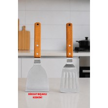 Destpak 2 Adet Japon Spatula Seti - Delikli ve Bıçaklı - Profesyonel 304 Kalite - Ahşap Akasya Saplı - Dekoratif