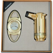 Parmida 3 Torch Gold Masa Tipi Çakmak Fırçalı Gold Kesici Ikili Puro Seti