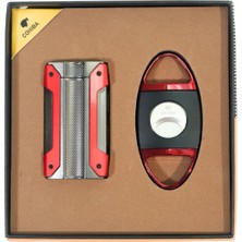 Cohiba Tek Torch Kırmızı Gunmetal Çakmak Kırmızı Siyah Kesici Ikili Puro Seti