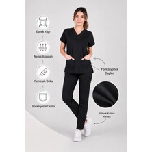 Stilmed Stılmed Üniforma Siyah Hemşire ve Doktor Forması Scrubs Takımı Likralı Alt Üst Üniforma Unisex Yarasa Kol