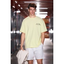 Grimelange Frıo Erkek Bisiklet Yaka Organik Pamuklu Baskı ve Nakışlı Oversıze Sarı T-Shirt