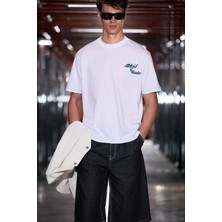 Grimelange Farıd Erkek %100 Organik Pamuklu Baskı Detaylı Yuvarlak Yaka Regular Fit Beyaz T-Shirt