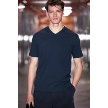 Grimelange Almerı Erkek %100 Pamuk Yumuşak Kumaşlı V Yakalı Lacivert T-Shirt