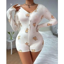 Yorpa Pamuklu Beyaz Ayıcık Desenli Düğmeli Uzun Kol Tulum Pijama