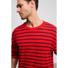 Grimelange Vıgos Erkek %100 Organik Pamuklu Yuvarlak Yakalı Regular Fit Uzun Kollu Kırmızı Çizgili T-Shirt