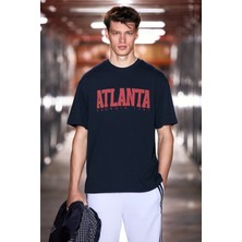 Grimelange Atlanta Erkek %100 Pamuklu Kısa Kollu Baskı Detaylı Lacivert T-Shirt
