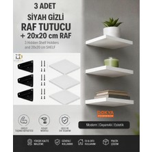 Dokya Dizayn Duvar Rafı Seti 20X20 cm Beyaz Mdf Raf + 3 Adet Gizli Raf Tutucu Metal Üçgen Konsol