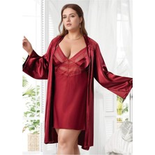 Fevien Büyük Beden Saten Gecelik Sabahlık Takımı - Bordo Dantel Işlemeli 2'li Plus Size Set