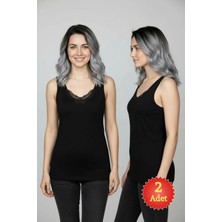 Fevien 2'li Kadın Siyah %100 Pamuklu Dantelli Kalın Askılı Ribana Atlet (S-5xl)
