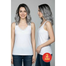 Fevien 2'li Kadın Beyaz %100 Pamuklu Dantelli Kalın Askılı Ribana Atlet (S-5xl)