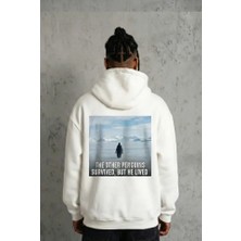 Demir Grup cc Siyah Oversize Hoodie - Sırt Baskılı Survivor Penguin Temalı, Felsefi Yazılı Kapüşonlu Sweatshirt - Beyaz - L
