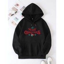 Tarz Yeri Yılbaşı Merry Christmas Baskılı Oversize Kapüşonlu Sweatshirt Hoodie - Siyah