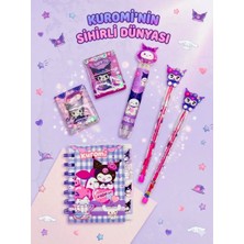 ÖZ OFİS Sanrio Kuromi Kırtasiye Seti - 2 Adet Sulu Kapaklı Sticker Defteri, Spiralli Not Defteri, Mekanizmalı Silgi ve 2'li Yumurtlayan Kalem Hediyelik Okul Seti
