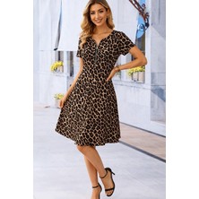 Demir Grup cc Kadın Kısa Kollu Yakası Fermuar Detaylı Leopar Desenli Midi Süprem Elbise - 2xl-3xl - Leopar