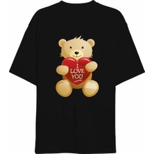 Tarz Yeri 14 Şubat Sevgililer Günü I Love You Ayı Baskılı Oversize Bisiklet Yaka T-Shirt - Siyah