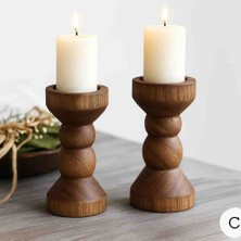 Han Ahşap Doğal Ahşap Şamdan Seti (2'li) – 12.5 cm & 12.5 cm – Rustik Dekoratif Mumluk