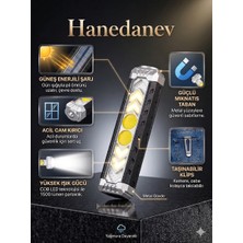 Hanedanev Güneş Enerjili Solar USB Şarjlı Kamp El Feneri Mıknatıslı Askılı Metal Cam Kırma Uç Cob LED Işıldak