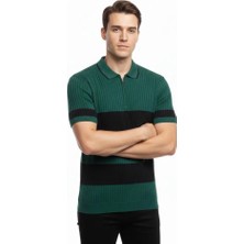 Demir Grup cc Erkek T-Shirt Çizgili Triko Dokuma Kumaş Polo Yaka Yarım Fermuarlı Regular Kalıp Tişört - Çağla Yeşili