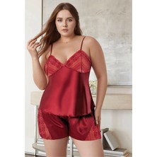 Fevien Kadın Büyük Beden Bordo Saten Şortlu Pijama Takımı Dantelli