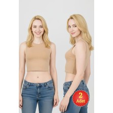 Fevien 2'li Paket Kadın Bej Bisiklet Yaka Kalın Askılı Pamuklu Likralı Dar Kesim Crop Top