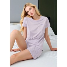 Fevien Kadın Lila Pamuklu Şortlu Pijama Takımı - Kısa Kollu Desenli Şort Set