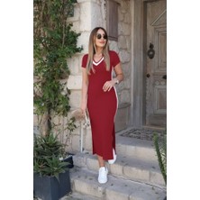 Demir Grup cc Kadın Kısa Kollu V Yakalı Yandan Şerit ve Yırtmaçlı Viskon Uzun Elbise - 2xl-3xl - Kırmızı