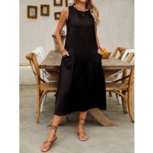 Demir Grup cc Kadın Askılı Yuvarlak Yakalı Kıloş Cepli Uzun Elbise - 2xl-3xl - Siyah