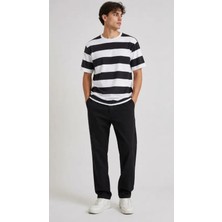 Demir Grup cc Erkek Çizgili Oversize Tişört Bisiklet Yaka Kısa Kol Yazlık T-Shirt - Siyah - L