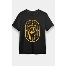 Tarz Yeri 1 Mayıs Labor Day Emekçi Temalı Baskılı Oversize Bisiklet Yaka T-Shirt - Siyah
