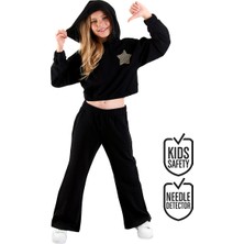 Denokids Kız Çocuk Kışlık Yıldız Desenli Pamuklu Siyah Kapüşonlu Uzun Kollu Eşofman Takımı 3-9 Yaş