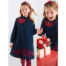Denokids Kız Çocuk Kışlık Çiçek Desenli Pamuklu Lacivert Uzun Kollu Fırfırlı Elbise 4-8 Yaş