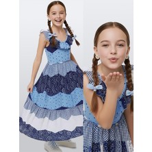 Denokids Kız Çocuk Elbise %100 Pamuk Poplin Lacivert Beyaz Ilkbahar Yaz Sezonu 5-10 Yaş