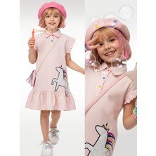 Denokids Kız Çocuk Elbise Unicorn Aplikeli %100 Pamuk Gömlek Stil Elbise 4-9 Yaş