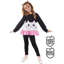 Denokids Fırfırlı Beyaz Kedi Kız Çocuk T-shirt Tayt Takım
