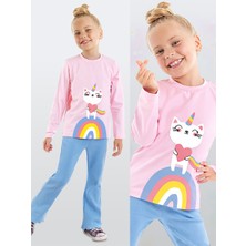 Denokids Kız Çocuk Kışlık Kedi Desenli Pamuklu Pembe Uzun Kollu Geniş Paça T-Shirt Pantolon Takımı 2-7 Yaş