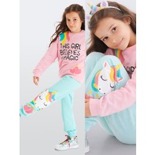 Denokids Kız Çocuk Kışlık Unicorn Desenli Pamuklu Pembe Uzun Kollu 2 Parça Eşofman Takımı 2-8 Yaş
