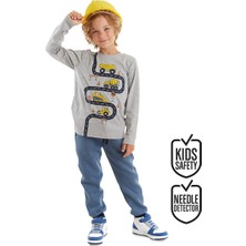 Denokids Erkek Çocuk Kışlık İnşaat Araçları Desenli Mavi Uzun Kollu 2 Parça T-Shirt Pantolon Takımı 2-8 Yaş