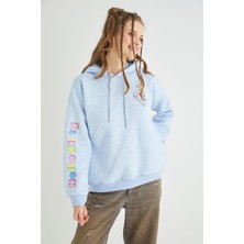 Lisanslı Baskılı Kapüşonlu Kalın  Mavi  Sweatshirt