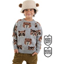 Denokids Erkek Çocuk Kışlık Hayvan Desenli Triko Gri Uzun Kollu Kazak 2-7 Yaş