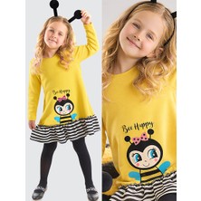 Denokids Kız Çocuk Kışlık Arı ve Çizgili Desenli Sarı Uzun Kollu Fırfırlı Elbise 2-7 Yaş