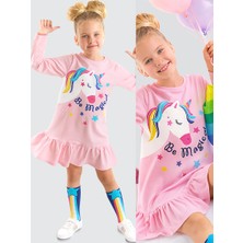 Denokids Kız Çocuk Kışlık Unicorn Desenli Pembe Uzun Kollu Fırfırlı Elbise 2-8 Yaş