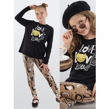 Denokids Kız Çocuk Kışlık Kedi ve Kalp Desenli Pamuklu Siyah Uzun Kollu 2 Parça T-Shirt Tayt Takımı 4-10 Yaş