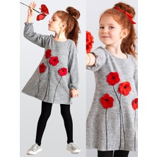 MSHB&G Gri Poppy Çiçekli Kız Çocuk Kol Ucu Lastikli Uzun Kollu Elbise