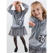 Denokids Kız Çocuk Kışlık Leopar Desenli Kadife Gri Uzun Kollu Fırfırlı Elbise 5-10 Yaş